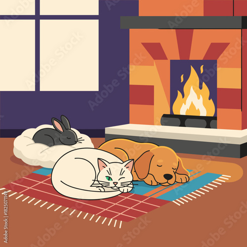 Cute dog, cat and rabbit sleeping together peacefully on rug for friendship and comfort concept against warm fireplace backdrop with copy space