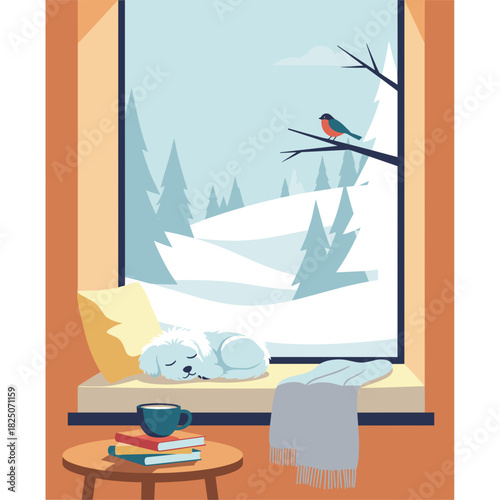 Cute white dog sleeping on cozy windowsill with pillow against snowy winter forest background, peaceful pet vector illustration
