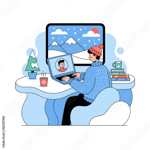 Freelancer in winter sweater having video call on laptop at desk with snowy mountain view, remote work vector illustration