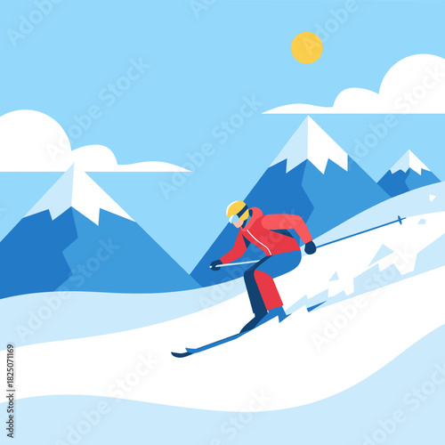 Active male skier in red jacket carving down snowy alpine slope with blue sky for winter sports vacation concept against sunny mountain peaks background with copy space