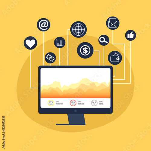 Business data analysis, digital marketing, financial planning, online communication, e-commerce, strategic growth. Computer screen displaying analytics connected to digital icons. Data analysis