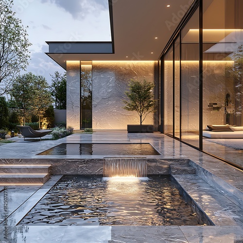 Modern Luxury Villa Courtyard With Water Features And Illumination Image