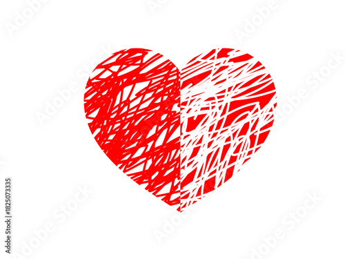 Romantic , relationships, Valentines Day, emotions, art projects, creativity. Half red scribbled heart with abstract outline. Romantic themes and relationships concept red heart