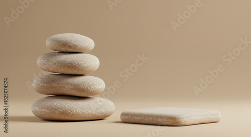 Stone Stack and Rectangular Podium on Neutral Background