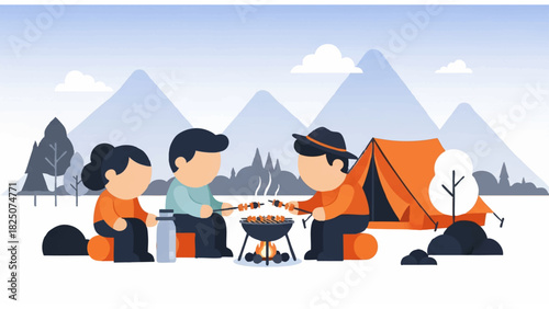 outdoor barbecue illustration with two people grilling food in warm social setting with trees and table

