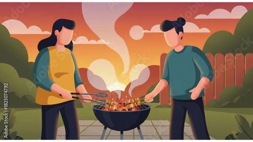 outdoor barbecue illustration with two people grilling food in warm social setting with trees and table
