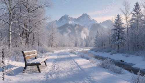 Snowy riverside trail with empty bench facing alpine peaks evoking winter travel mood, solitude, reflection and seasonal holiday inspiration