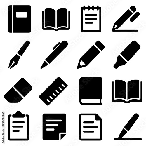 Essential Stationary Icons: A curated collection of iconic stationary elements, perfect for illustrating the tools of thought, communication, and creativity.