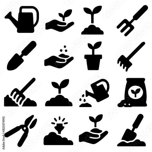 Gardening Tools and Growth Symbols: A collection of meticulously designed silhouettes showcasing gardening tools and the stages of plant growth, conveying the essence of nurture and cultivation.