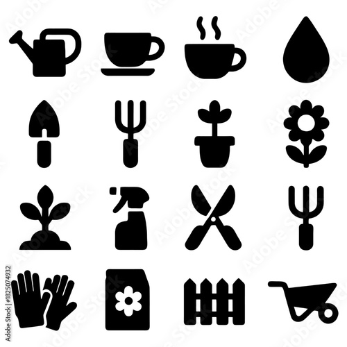 Gardening Icons: A collection of meticulously crafted, elegant black silhouette icons, a harmonious visual symphony symbolizing garden tools and essentials for cultivating life.