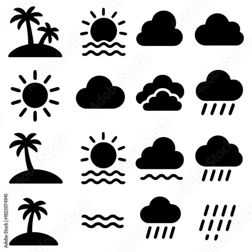 Weather Elements Illustration: A stylized illustration presents various weather elements, including sun, clouds, rain, waves and palm tree symbols, designed for versatile applications