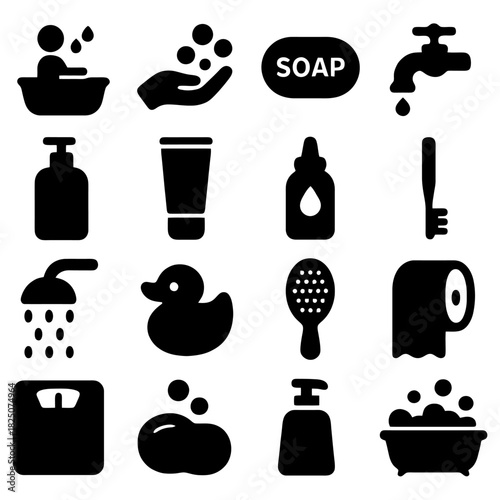 Bath Time Essentials: An illustrated array of bathroom essentials, presenting a visual guide to hygiene and personal care. The clean lines and clear icons enhance this artistic collection.
