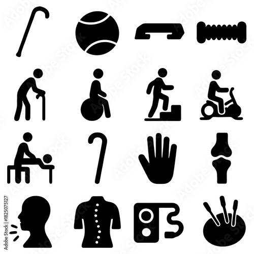 Health and Wellness Icon Collection: A series of symbolic icons representing health, wellness, and therapeutic practices. Each design captures the essence of well-being, movement, and healing.