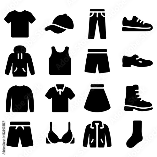 Fashion Silhouette: Collection of diverse garment items, minimalist monochrome fashion apparel icon set, highlighting clothing essentials.