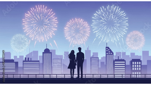 romantic rooftop fireworks illustration with couple silhouette overlooking city skyline at night
