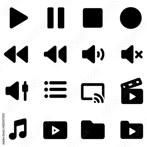 Media Icons: A collection of sleek, minimalist media icons, perfectly designed for digital interfaces. The symbols offer a concise and user-friendly guide to media functionalities. 