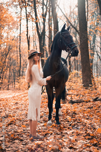 Young woman walks a black horse through a forest of autumn leaves at dusk in a serene outdoor setting