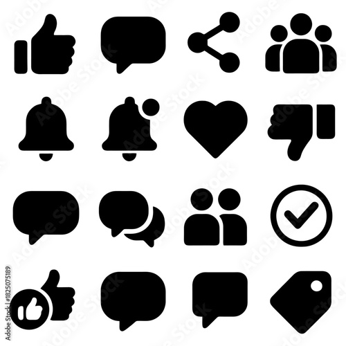 Social Media Icon Set: A comprehensive collection of iconic symbols for digital communication, including likes, comments, shares, and notifications, elegantly rendered in a uniform design.