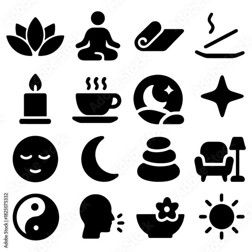 Harmony of Mind: A serene collection of zen icons evokes tranquility, balance, and mindfulness, perfect for relaxation and meditation. 