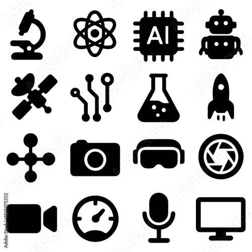 Science and Technology Icons: A collection of various science and technology icons, each meticulously crafted to represent diverse fields.