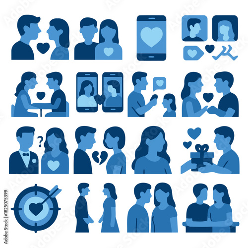 Love and Connection Symbols: An array of artistic icons that embody the diverse aspects of relationships, emotions, dating, and togetherness, symbolizing love's various phases.