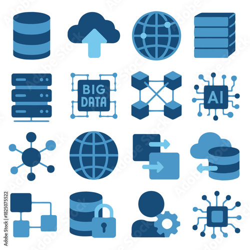 Data Icon Array: Depicting a set of icons symbolizing the modern technological landscape, covering concepts from data storage, cloud computing, AI, and connectivity.