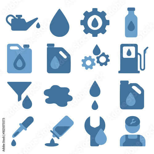 Engine Oil Essentials: A detailed collection of icons depicting engine oil elements, encompassing various containers, droplets, and gear components.