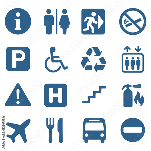 Navigational Symbols for Public Guidance: A comprehensive array of informative icons provides essential directional and informational aid in public spaces.