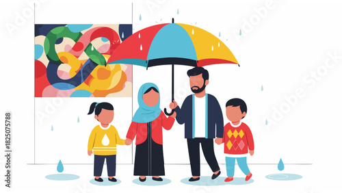 family standing under umbrella in rainy scene with colorful abstract background and coordinated outfits
