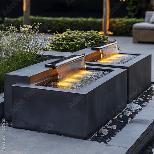 Modern Multi- Level Water Features with Cascading Water and Orange Lights Image