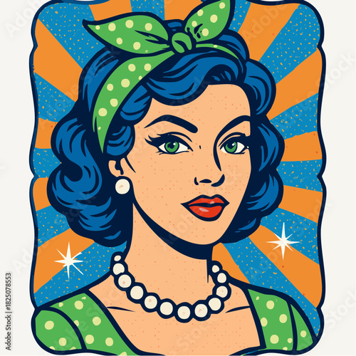 sunburst retro siren with polka-dot bow and pearl halo pop-color glamour revival