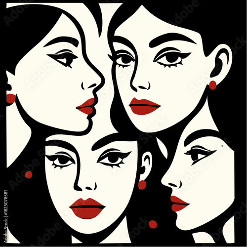 noir quartet: crimson-lipped silhouettes and red-dot accents, graphic femme chorus in bold minimal palette