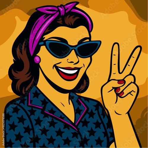 retro peace sign pop-art heroine with starry blouse and bow headband, vintage optimism revival