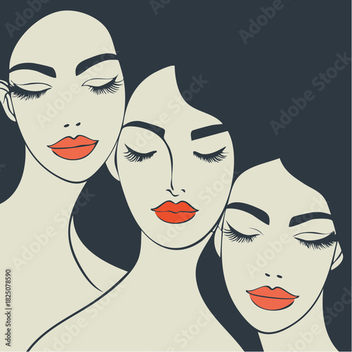 three serene silhouettes in crimson lips trio minimalist noir elegance unified feminine calm tableau