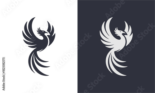 Phoenix Symbol of Rebirth and Resilience: An artistic phoenix icon, symbolizing renewal, rises from the ashes with outstretched wings, it represents strength, transformation, and overcoming adversity.