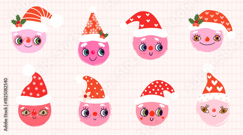 Funny round vector faces with Santa hats and cute expressions for Christmas holiday designs, greeting cards and stickers