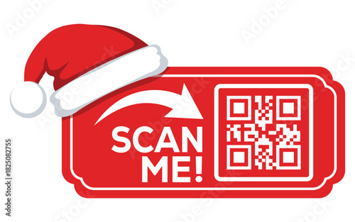 Festive red QR code label with Santa hat and “Scan Me” text, modern Christmas promotion banner for digital marketing, holiday offers, website links and seasonal retail campaigns, isolated on white.