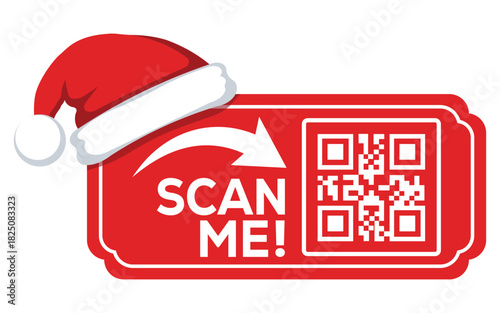 Festive red QR code label with Santa hat and “Scan Me” text, modern Christmas promotion banner for digital marketing, holiday offers, website links and seasonal retail campaigns, isolated on white.