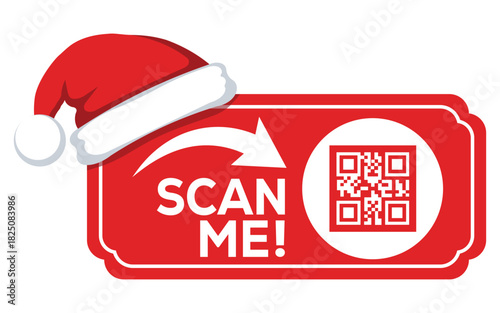 Festive red QR code label with Santa hat and “Scan Me” text, modern Christmas promotion banner for digital marketing, holiday offers, website links and seasonal retail campaigns, isolated on white.