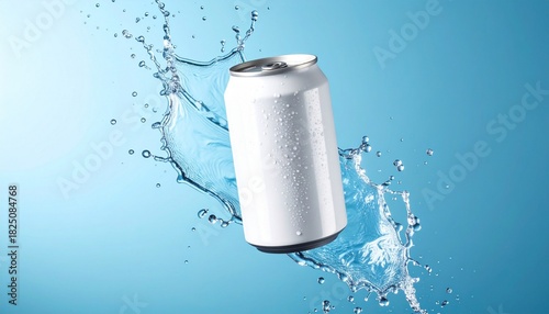 White soda can mockup with water splash product photography on blue background floating in the air