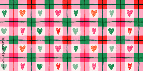 Red, green and pink checked seamless vector pattern with doodle hearts and lines for Christmas backgrounds and textile