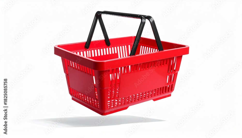 Fototapeta premium Red shopping basket in air on white background