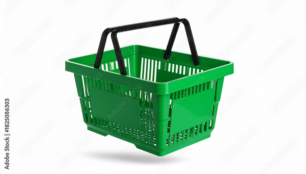 Fototapeta premium Green shopping basket in air on white background