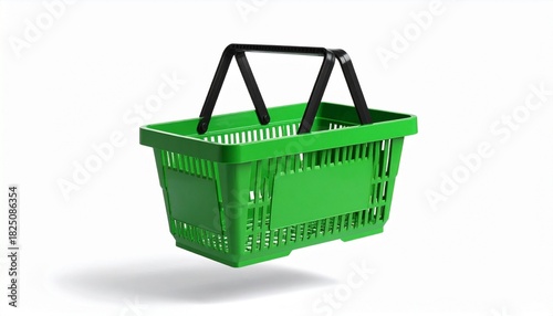 Green shopping basket in air on white background