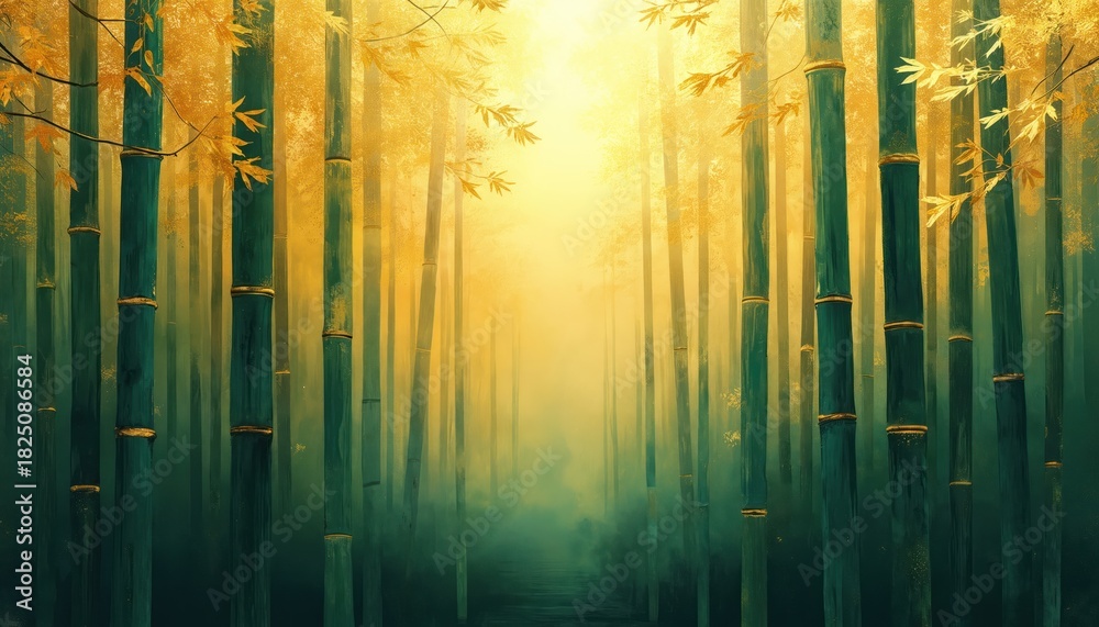 Obraz premium Dense green bamboo forest with golden yellow light shining through leaves and mist. Tall bamboo stalks create a natural pathway in a serene woodland setting.