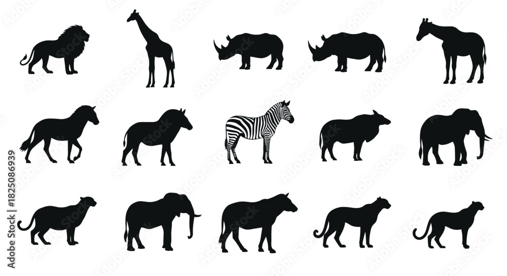 Fototapeta premium Majestic African safari animals presented as a striking silhouette collection for wildlife themes.