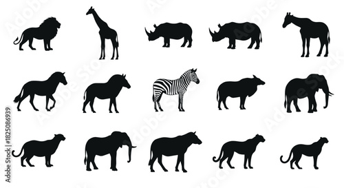 Majestic African safari animals presented as a striking silhouette collection for wildlife themes.
