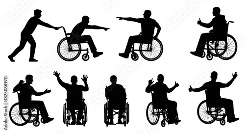 Empowering inclusive design showing mobility impaired silhouettes in wheelchairs, accessibility