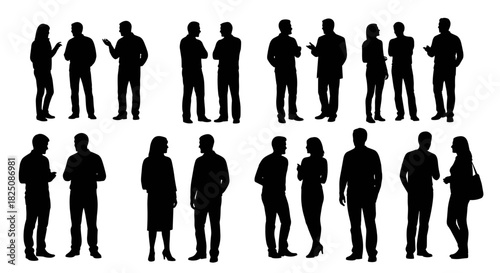 Diverse group of people silhouettes communicating and connecting in various social settings