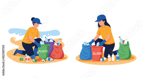 Eco-conscious volunteers cleaning beach, collecting plastic and glass waste for recycling effort